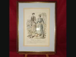 2 gravures au burin , fin 19e ,  journal des demoiselles , toilettes de chasseuses.