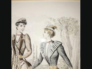 2 gravures au burin , fin 19e ,  journal des demoiselles , toilettes de chasseuses.