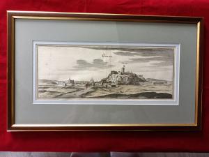 Gravure 17ème siècle ,premier tirage,colorisée,De Mérian Matthäus "ville de Guise"