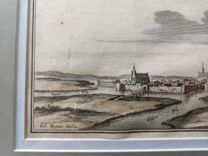 Gravure 17ème siècle ,premier tirage,colorisée,De Mérian Matthäus "ville de Guise"