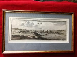 Gravure 17ème siècle ,premier tirage, colorisée ,De Mérian Matthäus "Melun"