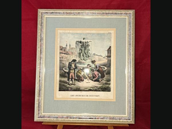 Lithographie anonyme ,19e siècle en couleur . Les joueurs de bouchon