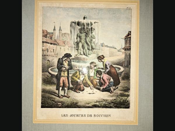 Lithographie anonyme ,19e siècle en couleur . Les joueurs de bouchon