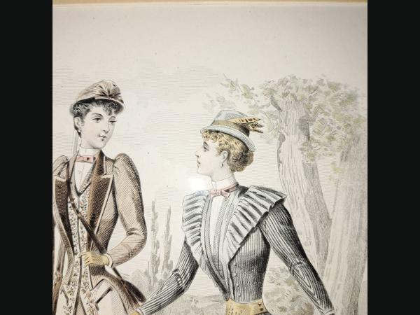 2 gravures au burin , fin 19e ,  journal des demoiselles , toilettes de chasseuses.