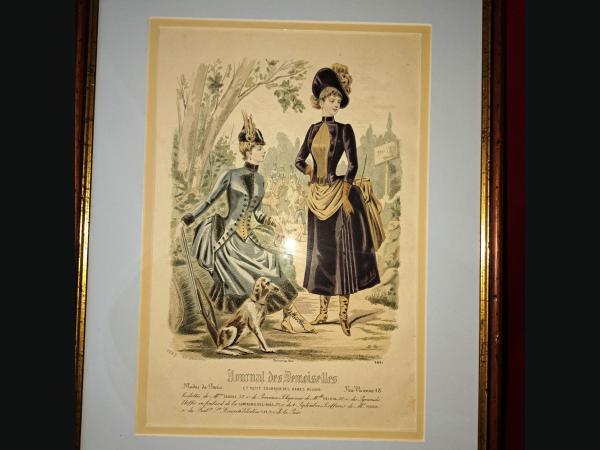 2 gravures au burin , fin 19e ,  journal des demoiselles , toilettes de chasseuses.