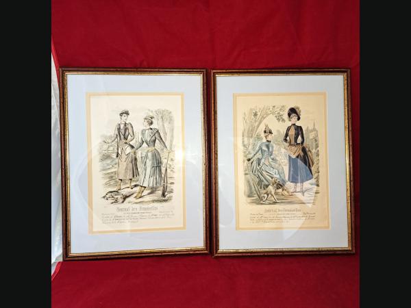 2 gravures au burin , fin 19e ,  journal des demoiselles , toilettes de chasseuses.