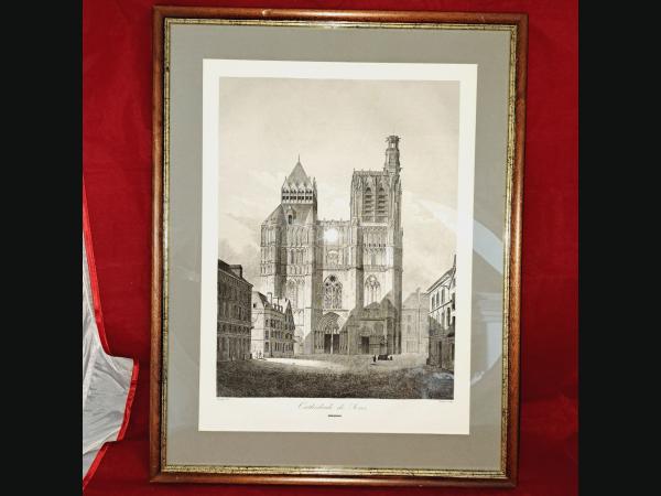 Grande gravure au burin ,début 19e, Cathédrale de Sens , avant incendie.