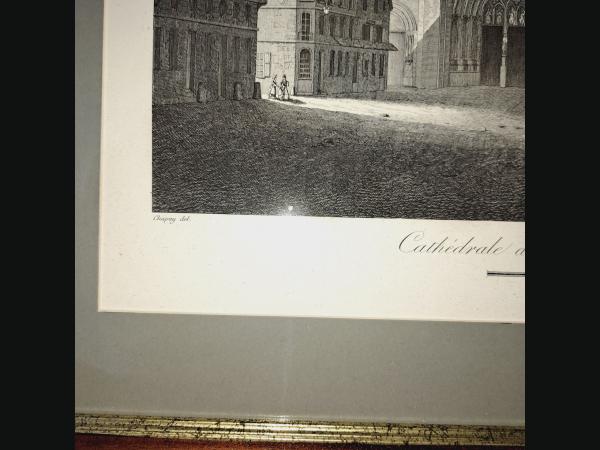 Grande gravure au burin ,début 19e, Cathédrale de Sens , avant incendie.