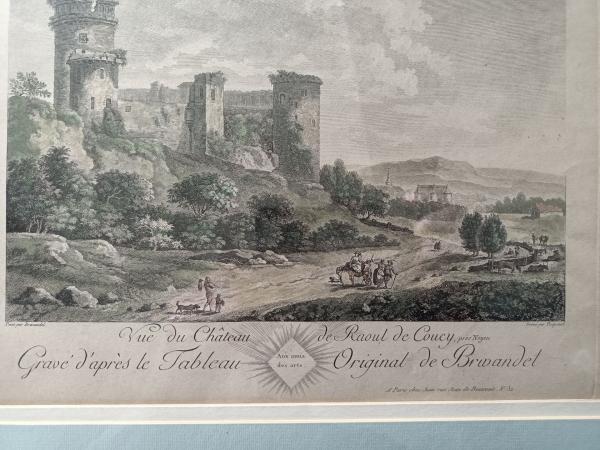 Rare ,gravure 18ème de M. Picquenot d'après Brwandel. "Chateau de Raoul de Coucy"