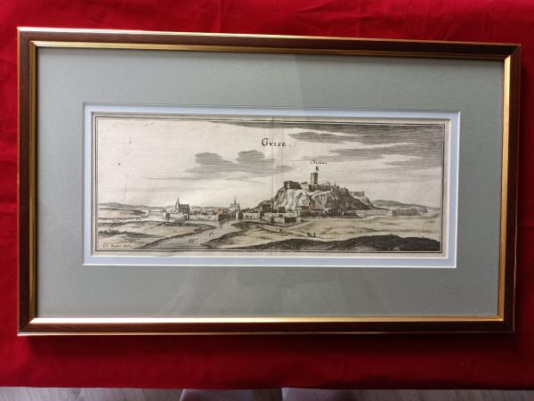 Gravure 17ème siècle ,premier tirage,colorisée,De Mérian Matthäus "ville de Guise"