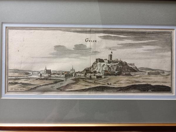Gravure 17ème siècle ,premier tirage,colorisée,De Mérian Matthäus "ville de Guise"