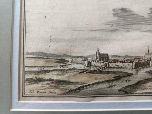 Gravure 17ème siècle ,premier tirage,colorisée,De Mérian Matthäus "ville de Guise"