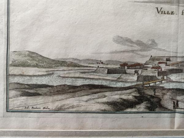 Gravure 17ème siècle ,premier tirage,colorisée,De Mérian Matthäus"Saulmory-Villefranche"