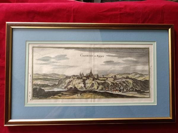 Gravure 17ème siècle ,premier tirage, colorisée ,De Mérian Matthäus "Chaumont"