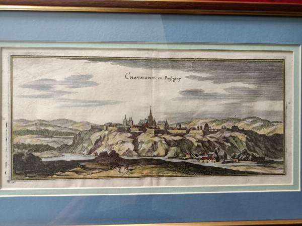 Gravure 17ème siècle ,premier tirage, colorisée ,De Mérian Matthäus "Chaumont"