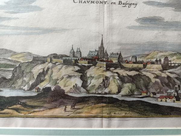 Gravure 17ème siècle ,premier tirage, colorisée ,De Mérian Matthäus "Chaumont"