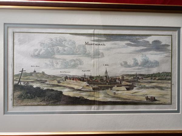 Gravure 17ème siècle ,premier tirage, colorisée ,De Mérian Matthäus "Montmirail"