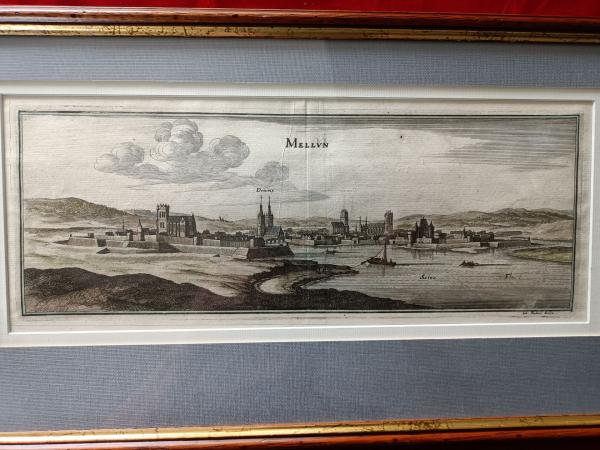 Gravure 17ème siècle ,premier tirage, colorisée ,De Mérian Matthäus "Melun"