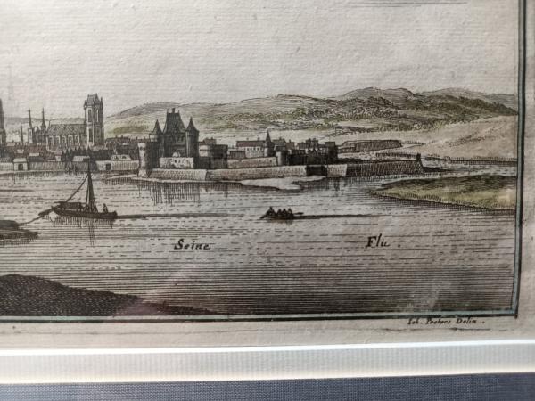 Gravure 17ème siècle ,premier tirage, colorisée ,De Mérian Matthäus "Melun"
