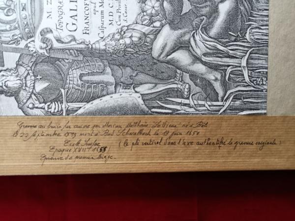 Gravure 17ème siècle ,premier tirage, colorisée ,De Mérian Matthäus "Melun"