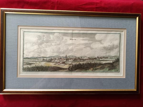 Gravure 17ème siècle ,premier tirage, colorisée ,De Mérian Matthäus "Metz"