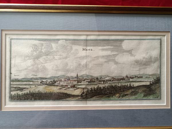 Gravure 17ème siècle ,premier tirage, colorisée ,De Mérian Matthäus "Metz"