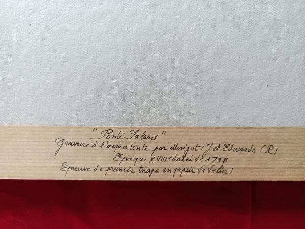 Gravure 18ème à l'aquatinte par Jacques Mérigot "Ponté Salaro" Rome.