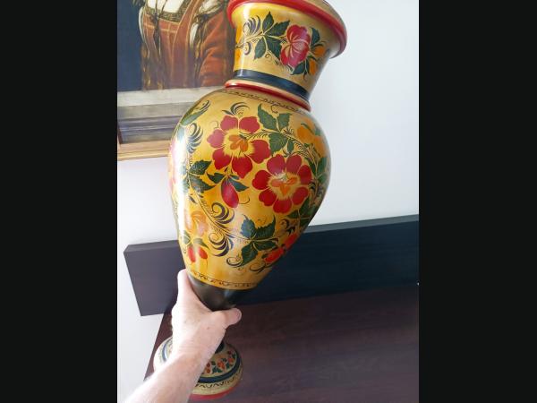 Spectaculaire vase de sol ,en bois ,"Khokhloma" décor à la main, H= 58 cm.