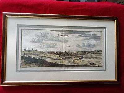 Gravure 17ème siècle ,premier tirage, colorisée ,De Mérian Matthäus "Montmirail"